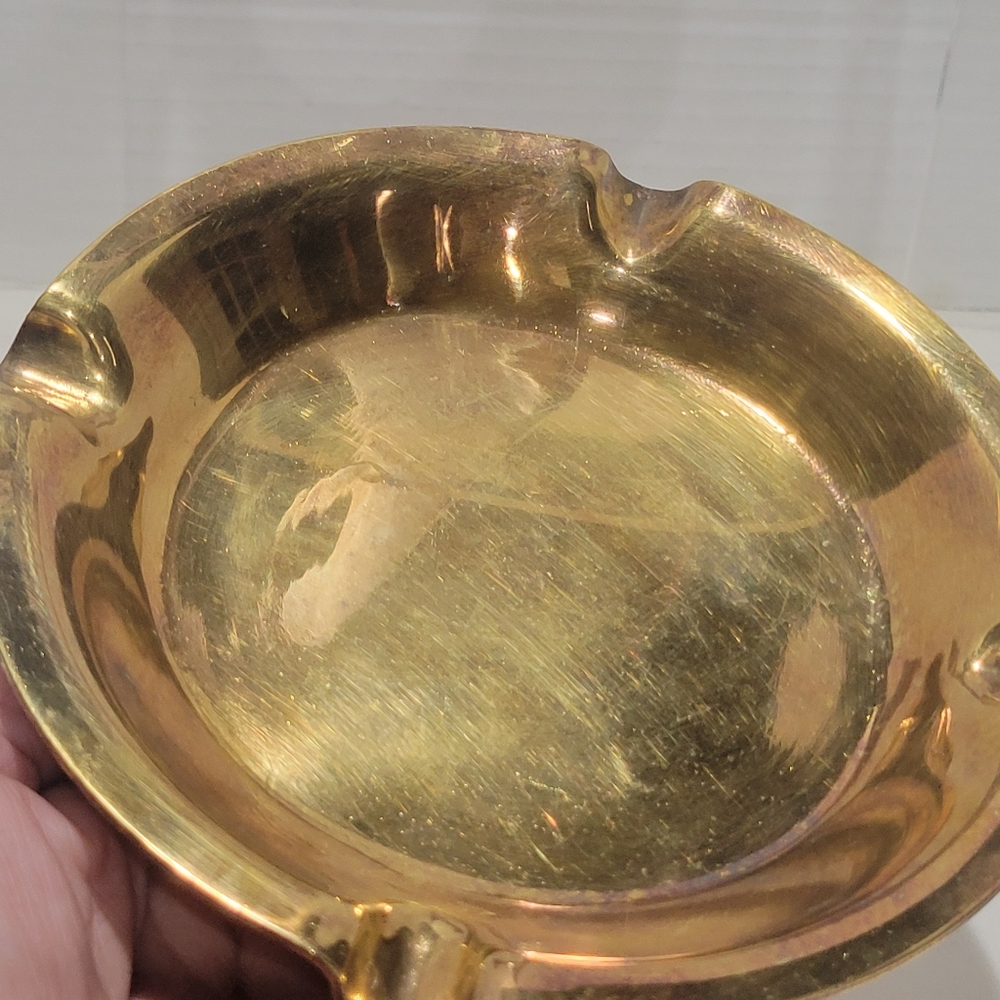 Vintage Shiny Solid Heavy Brass Ashtray Catch All Tray EUC 5 1/2 "